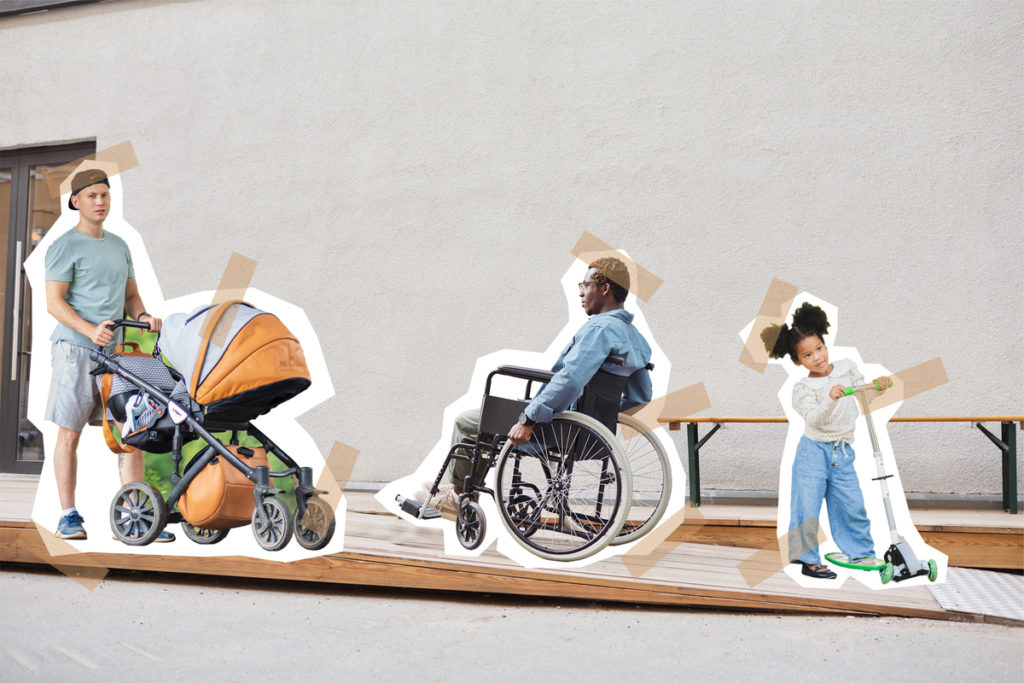 Bild - Ett hus med en ramp. På rampen visas en vuxen person med barnvagn, en vuxen rullstolsburen och ett barn med en springcykel.